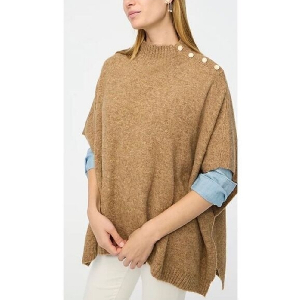 J Crew Button-Neck Poncho Sweater, Wool Blend Knit Mock-neck, One Size